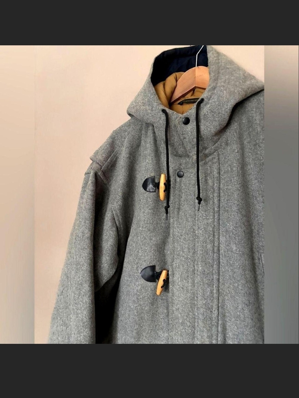Men's Gray Hooded Toggle Coat - Classic Wool-Blend Jacket